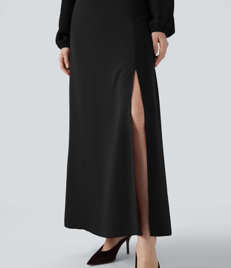 V-Ausschnitt, Bischofsärmel, langärmeliges Maxi-Kleid mit Rückenbindung und Schlitz - Brautjungfern- und Hochzeitsgastkleid