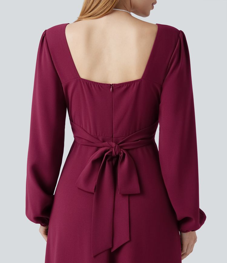 V-neck Bishop Long Sleeve Tie Back Split Maxi Bridesmaid And Wedding Guest Dress