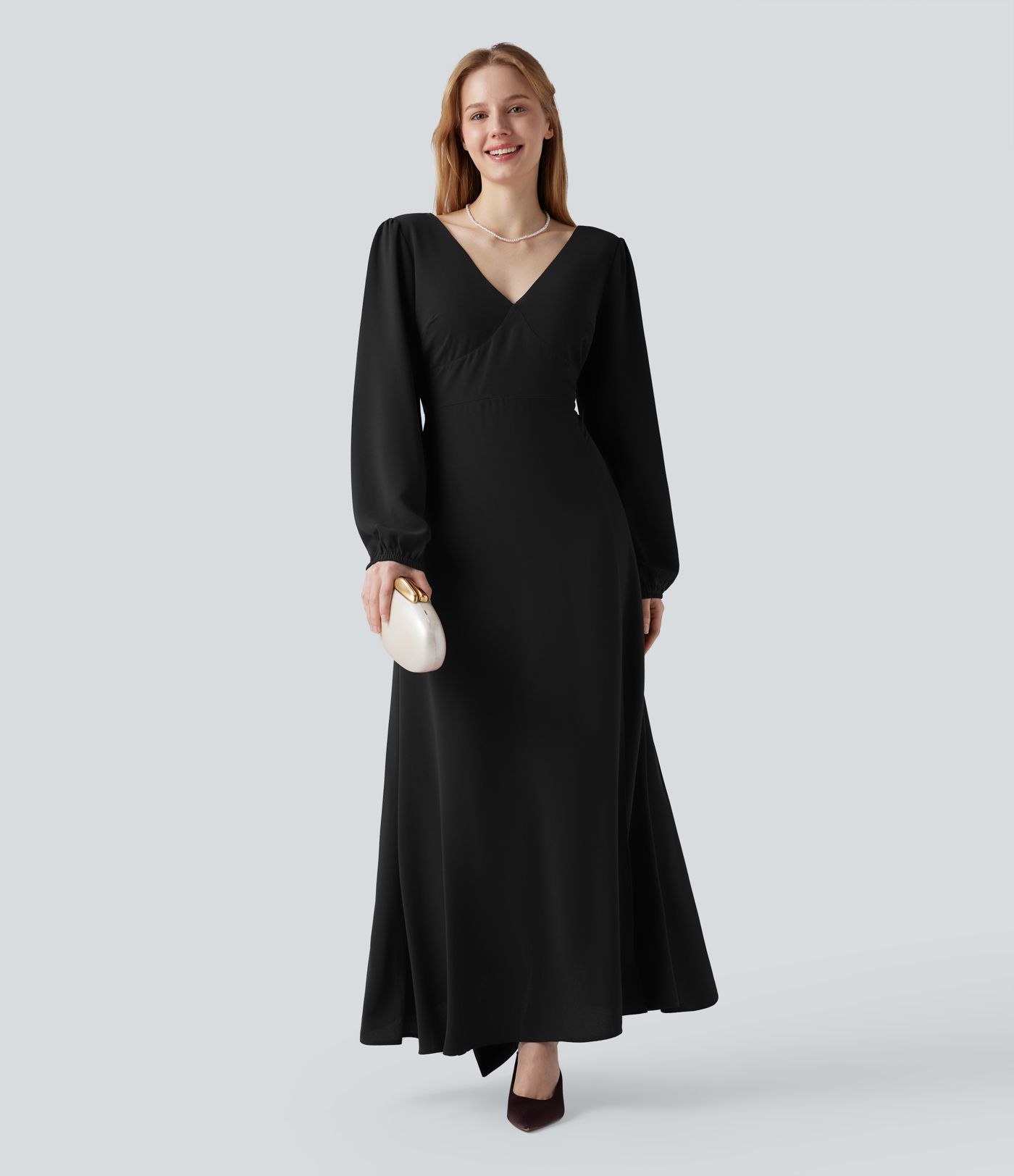 V-Ausschnitt, Bischofsärmel, langärmeliges Maxi-Kleid mit Rückenbindung und Schlitz - Brautjungfern- und Hochzeitsgastkleid