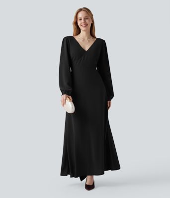 V-Ausschnitt, Bischofsärmel, langärmeliges Maxi-Kleid mit Rückenbindung und Schlitz - Brautjungfern- und Hochzeitsgastkleid
