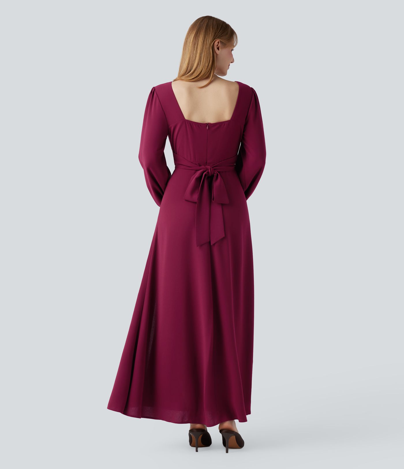 Robe longue col V manches évêque avec dos noué et fente pour demoiselle d'honneur et invitée de mariage
