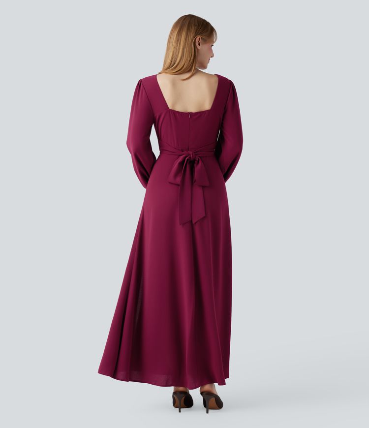 V-neck Bishop Long Sleeve Tie Back Split Maxi Bridesmaid And Wedding Guest Dress