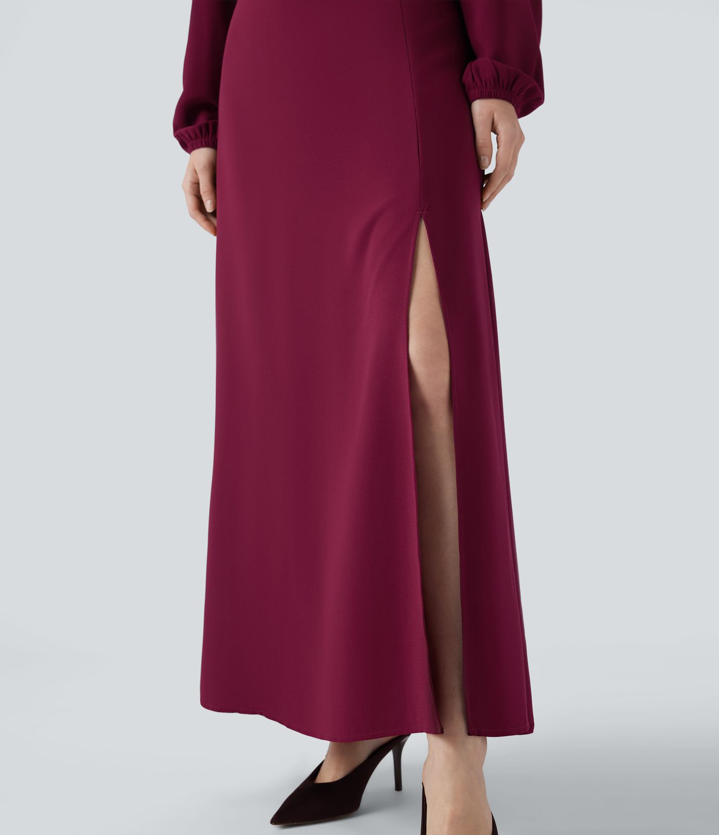 Robe longue col V manches évêque avec dos noué et fente pour demoiselle d'honneur et invitée de mariage