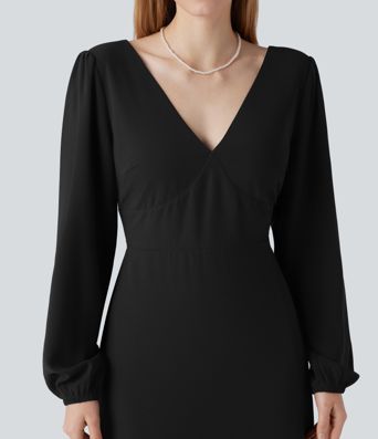 V-Ausschnitt, Bischofsärmel, langärmeliges Maxi-Kleid mit Rückenbindung und Schlitz - Brautjungfern- und Hochzeitsgastkleid