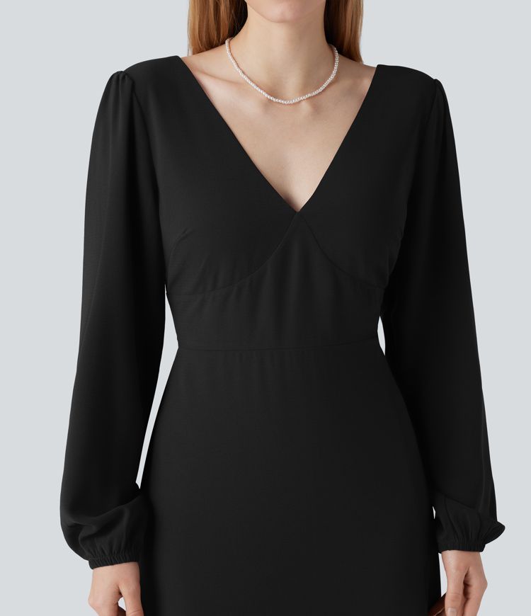 V-Ausschnitt, Bischofsärmel, langärmeliges Maxi-Kleid mit Rückenbindung und Schlitz - Brautjungfern- und Hochzeitsgastkleid