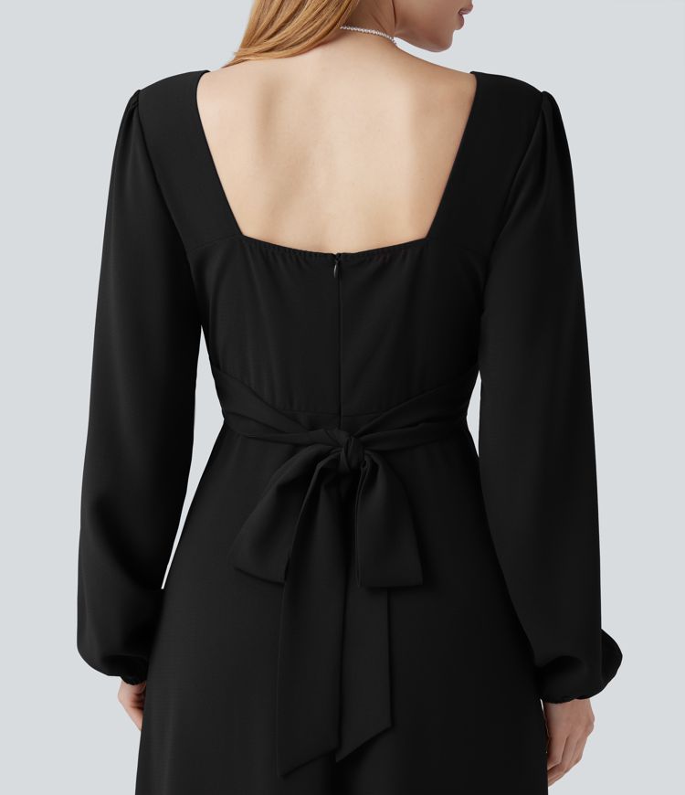 V-Ausschnitt, Bischofsärmel, langärmeliges Maxi-Kleid mit Rückenbindung und Schlitz - Brautjungfern- und Hochzeitsgastkleid