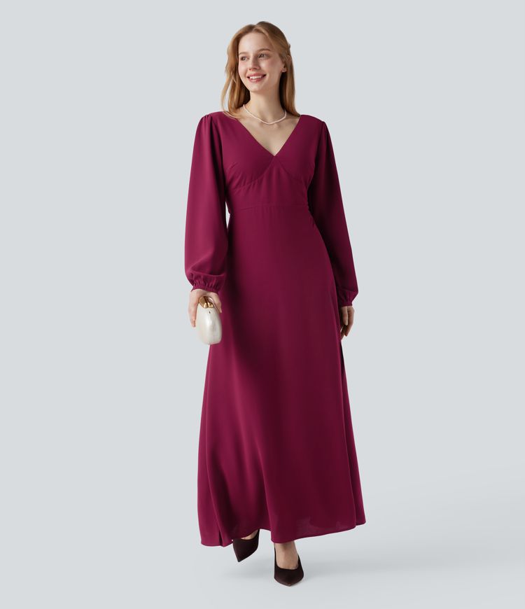 V-neck Bishop Long Sleeve Tie Back Split Maxi Bridesmaid And Wedding Guest Dress