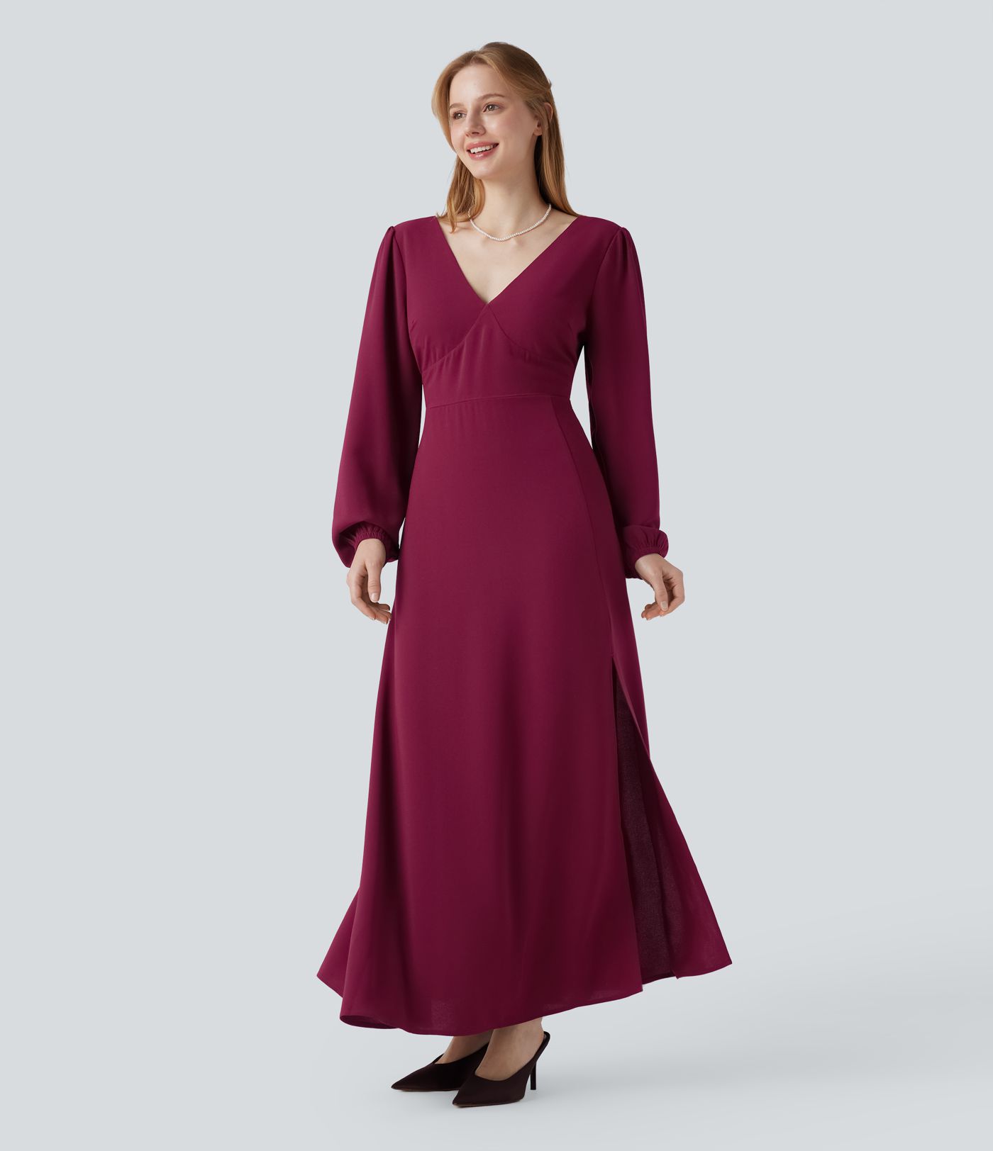 Robe longue col V manches évêque avec dos noué et fente pour demoiselle d'honneur et invitée de mariage