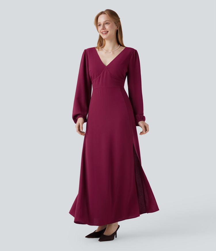 V-neck Bishop Long Sleeve Tie Back Split Maxi Bridesmaid And Wedding Guest Dress