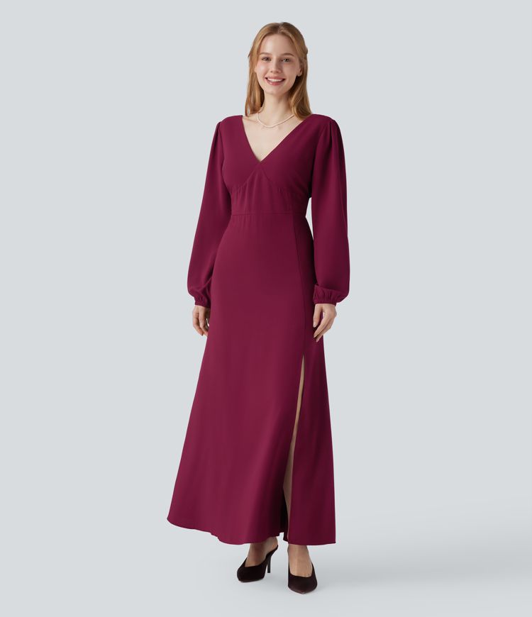 V-neck Bishop Long Sleeve Tie Back Split Maxi Bridesmaid And Wedding Guest Dress
