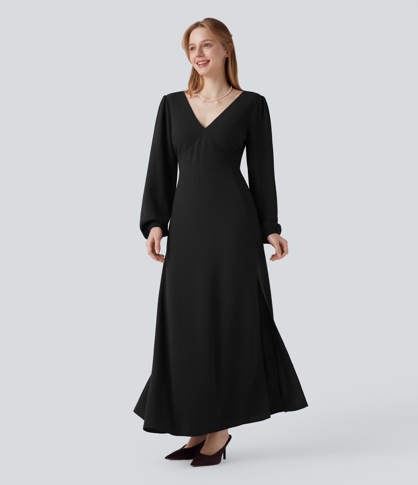 V-Ausschnitt, Bischofsärmel, langärmeliges Maxi-Kleid mit Rückenbindung und Schlitz - Brautjungfern- und Hochzeitsgastkleid