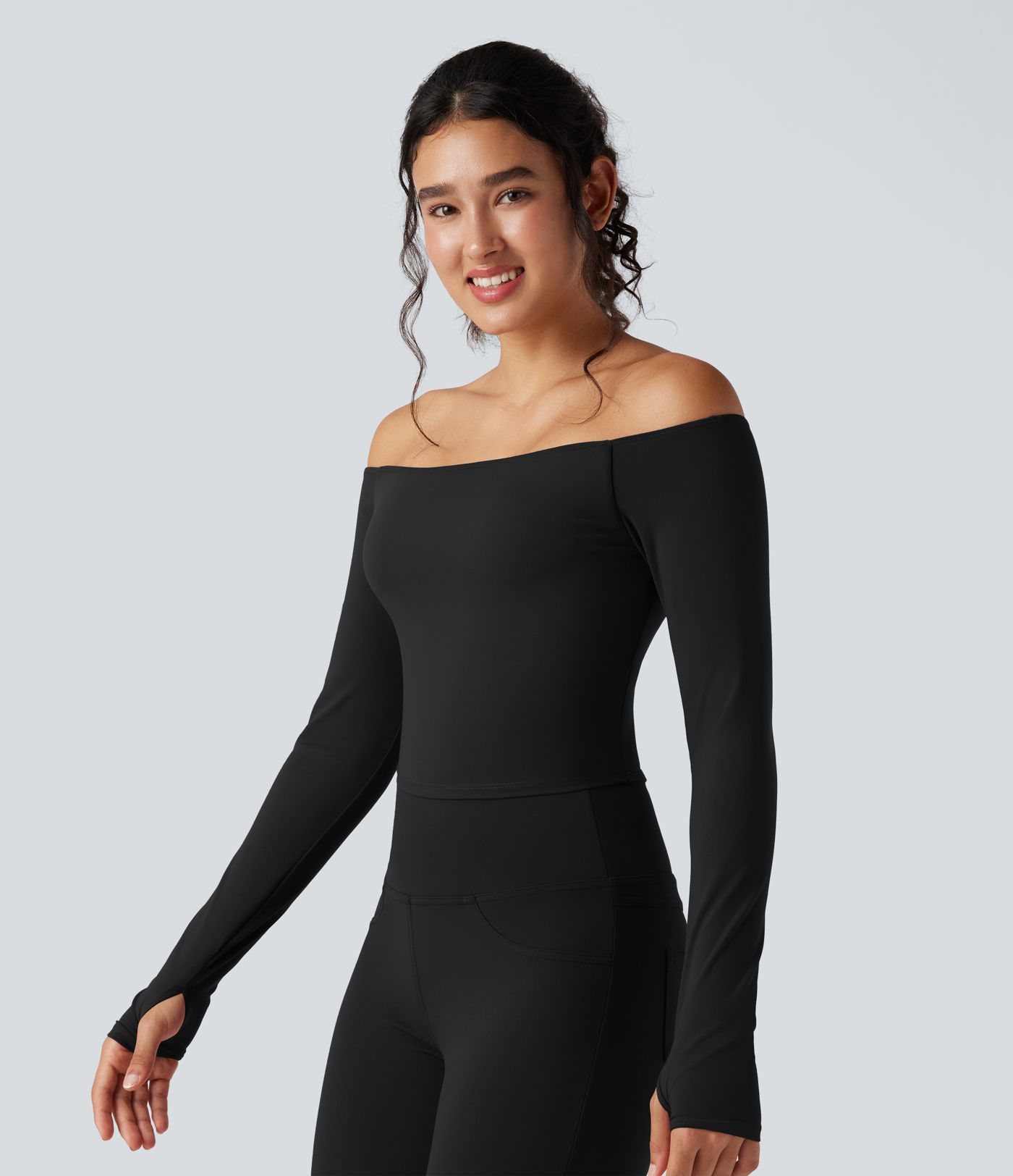 SoftlyZero™ Plush Off Shoulder Long Sleeve Thumb Hole Yoga Sports Top