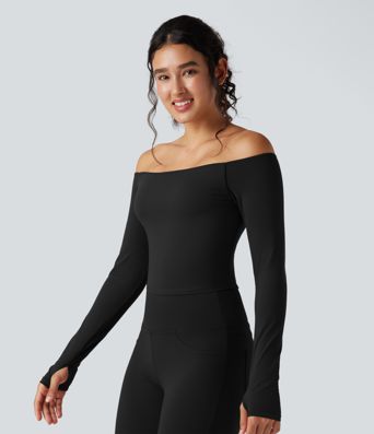 SoftlyZero™ Plush Off Shoulder Long Sleeve Thumb Hole Yoga Sports Top