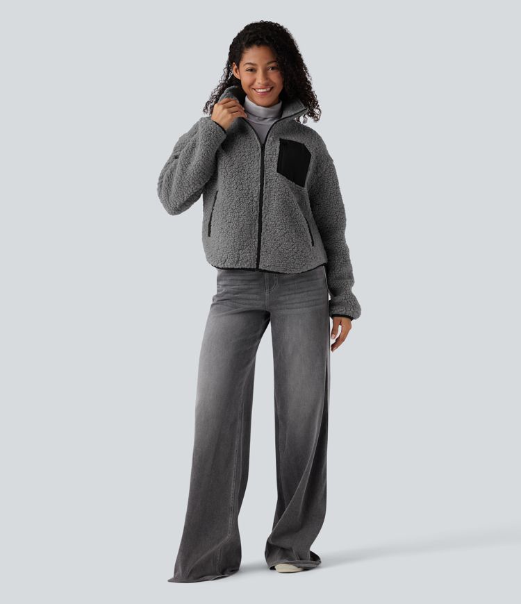 Turtleneck Long Sleeve Casual Sherpa Jacket with Pockets