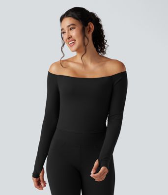SoftlyZero™ Plush Off Shoulder Long Sleeve Thumb Hole Yoga Sports Top