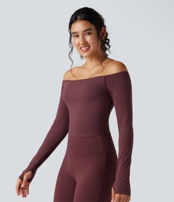 SoftlyZero™ Plush Off Shoulder Long Sleeve Thumb Hole Yoga Sports Top