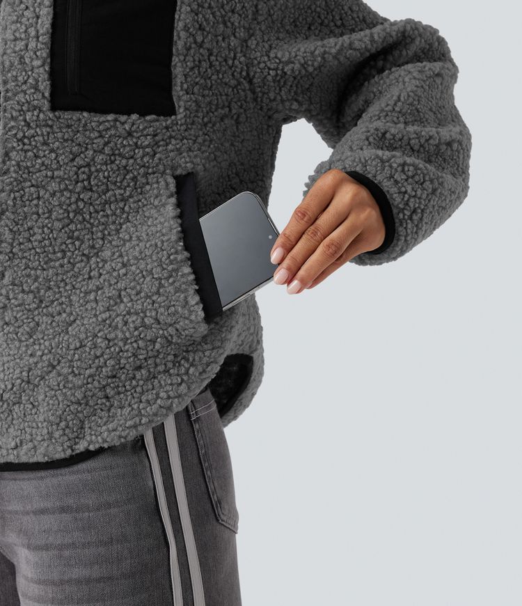 Turtleneck Long Sleeve Casual Sherpa Jacket with Pockets