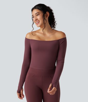 SoftlyZero™ Plush Off Shoulder Long Sleeve Thumb Hole Yoga Sports Top