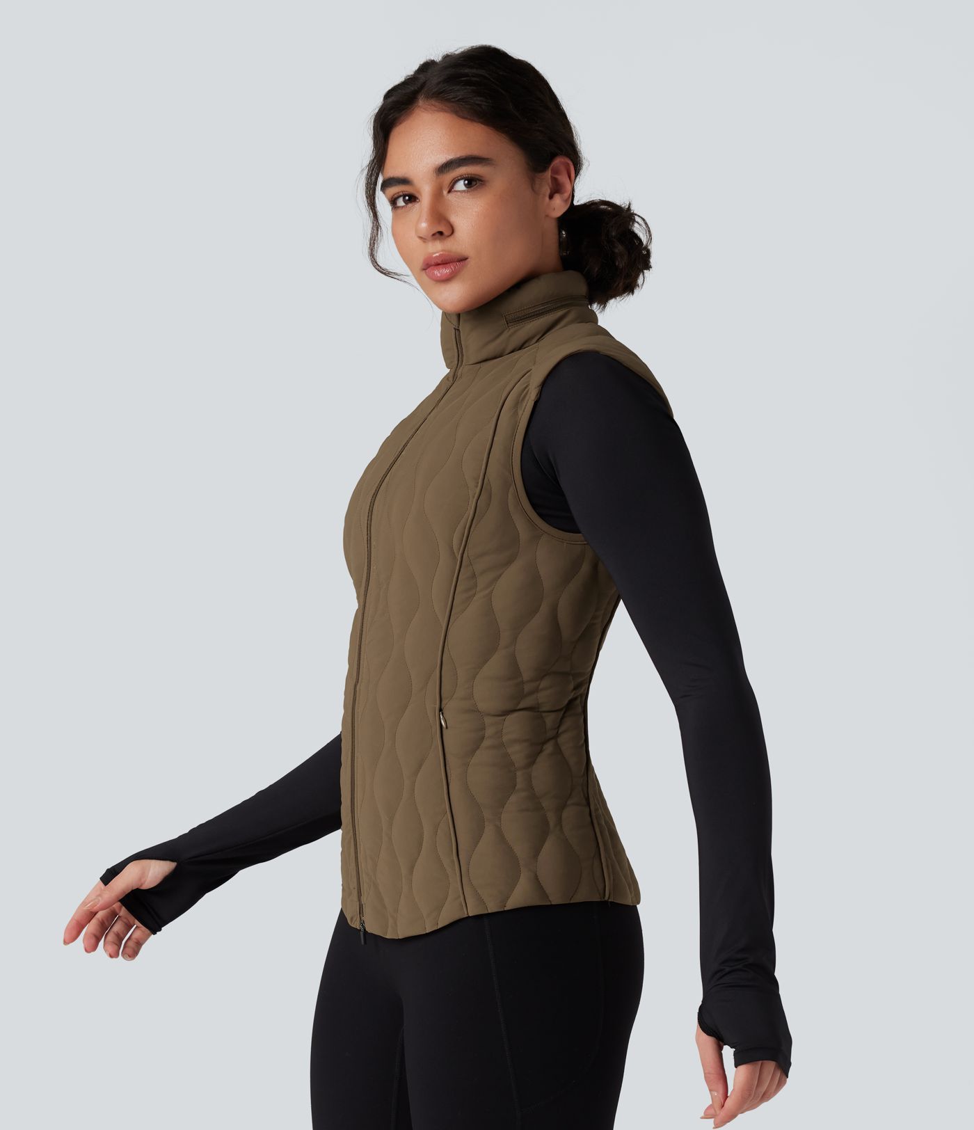 Packable High Neck Zipper Running Quilted Vest with Pockets