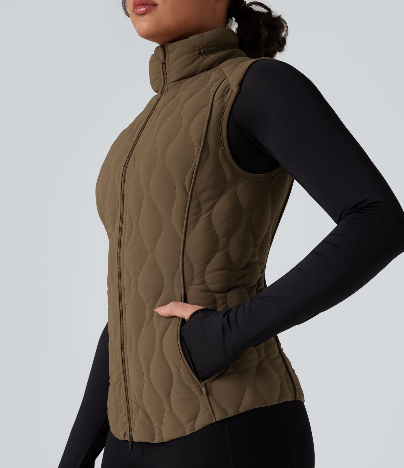 Packable High Neck Zipper Running Quilted Vest with Pockets