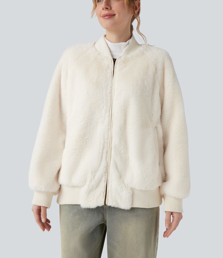 Zipper Long Sleeve Casual Sherpa Bomber Jacket with Pockets