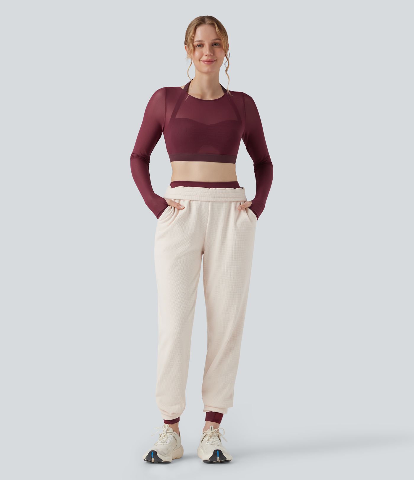 Halter Long Sleeve Thumb Hole Contrast Mesh Cropped Yoga Sports Top