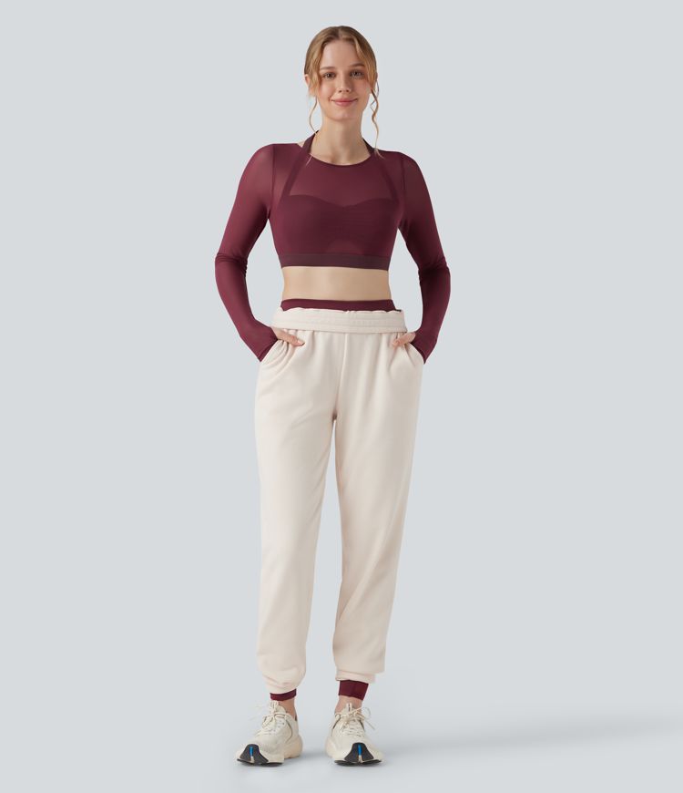 Halter Long Sleeve Thumb Hole Contrast Mesh Cropped Yoga Sports Top