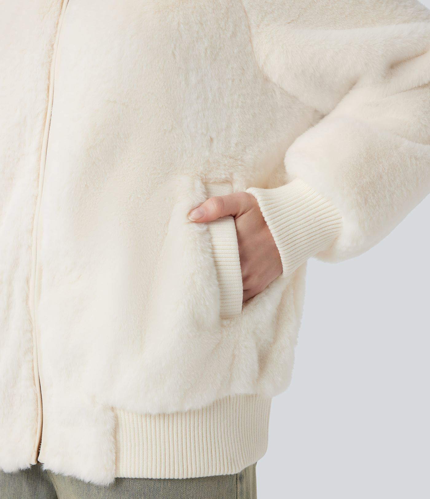 Zipper Long Sleeve Casual Sherpa Bomber Jacket with Pockets