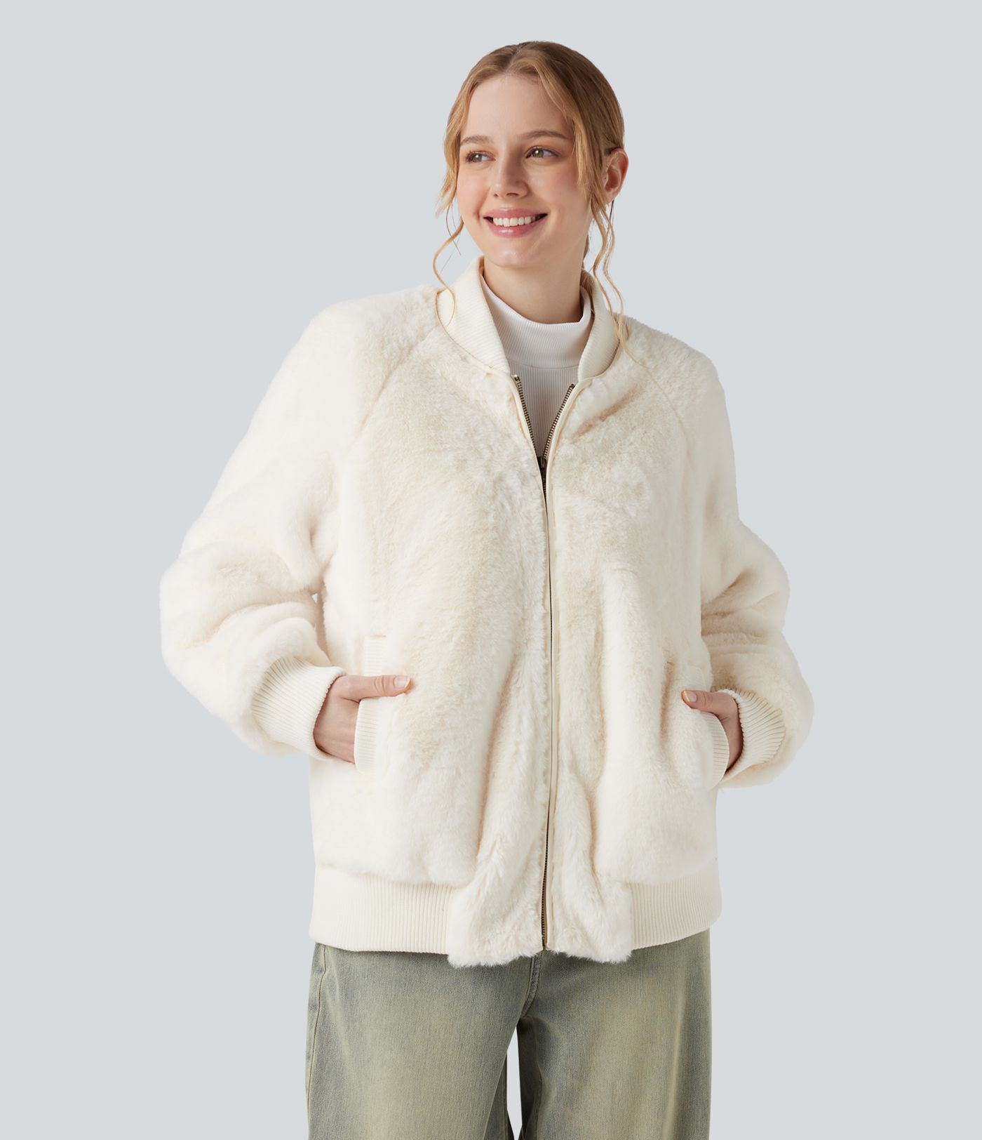 Zipper Long Sleeve Casual Sherpa Bomber Jacket with Pockets