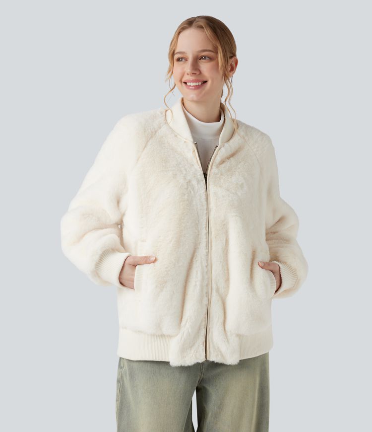 Zipper Long Sleeve Casual Sherpa Bomber Jacket with Pockets