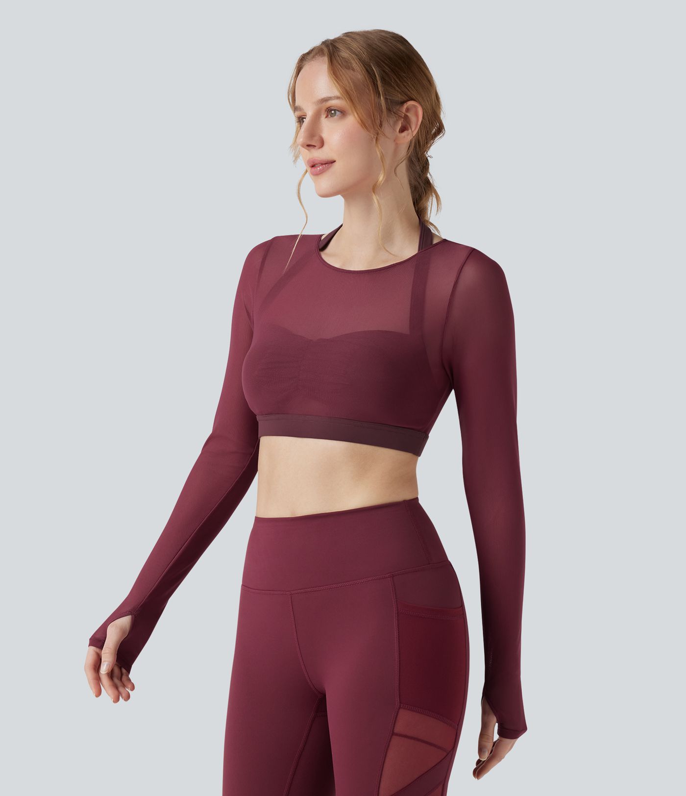 Halter Long Sleeve Thumb Hole Contrast Mesh Cropped Yoga Sports Top