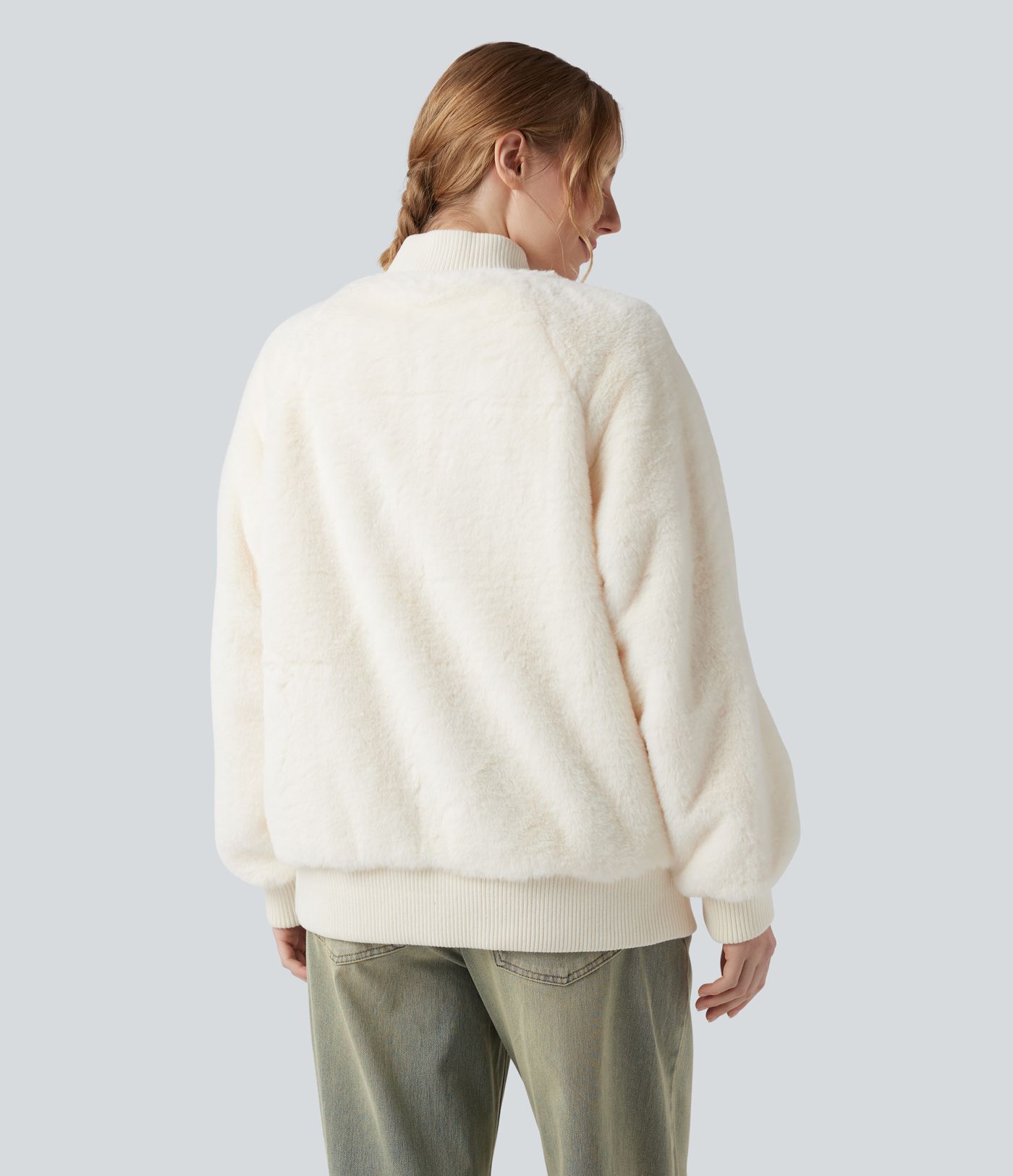 Zipper Long Sleeve Casual Sherpa Bomber Jacket with Pockets