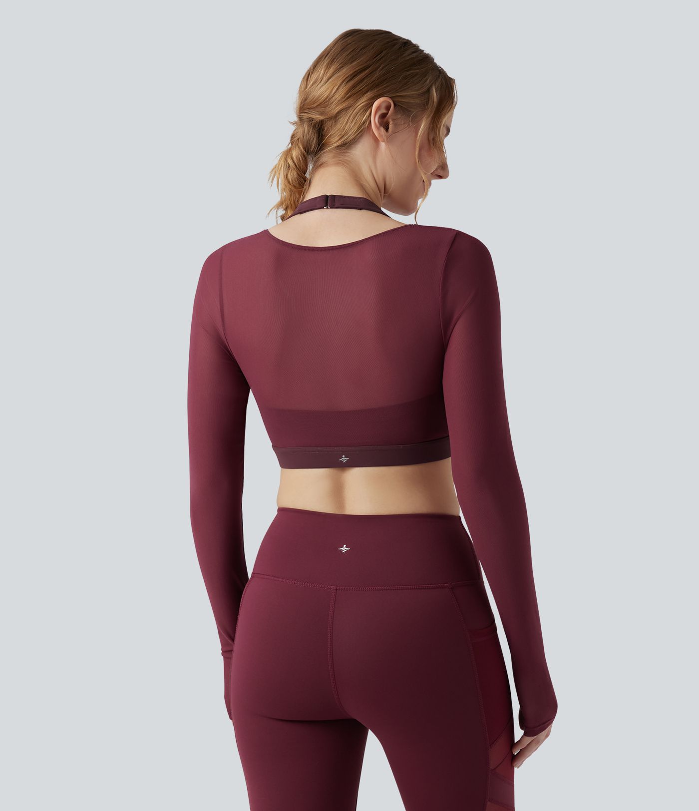 Halter Long Sleeve Thumb Hole Contrast Mesh Cropped Yoga Sports Top