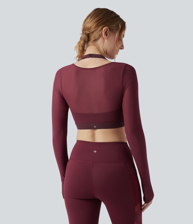 Halter Long Sleeve Thumb Hole Contrast Mesh Cropped Yoga Sports Top
