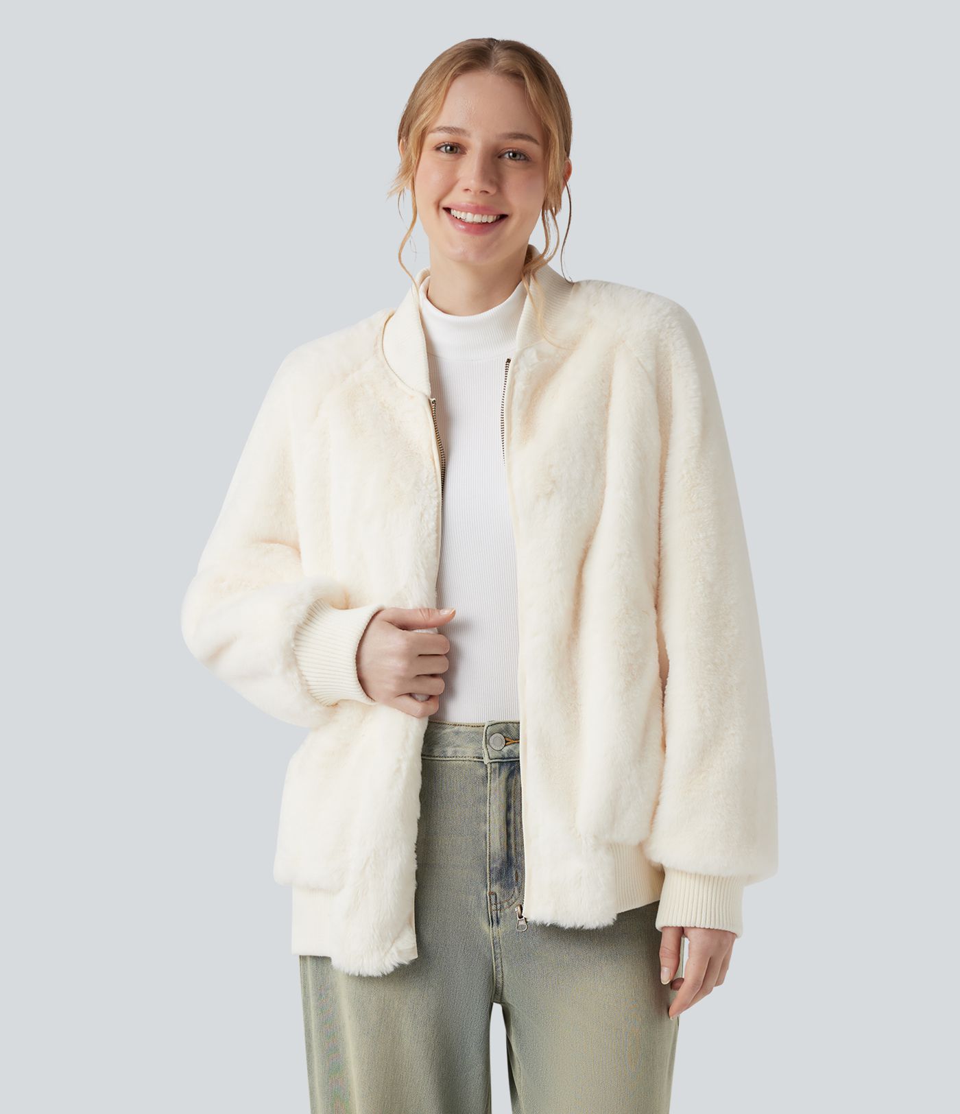 Zipper Long Sleeve Casual Sherpa Bomber Jacket with Pockets