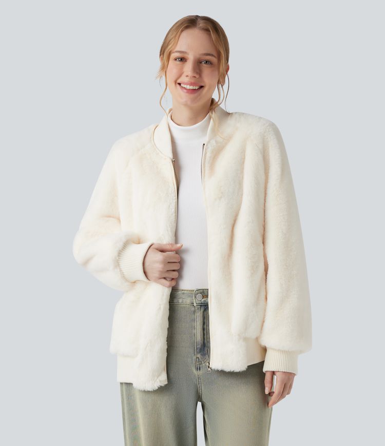 Zipper Long Sleeve Casual Sherpa Bomber Jacket with Pockets