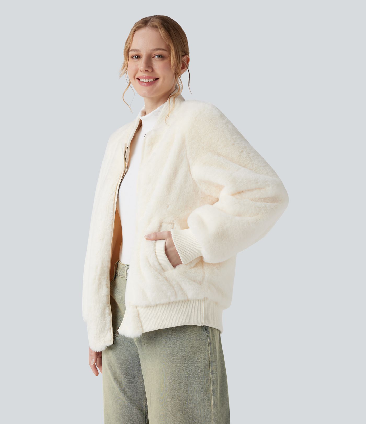 Zipper Long Sleeve Casual Sherpa Bomber Jacket with Pockets
