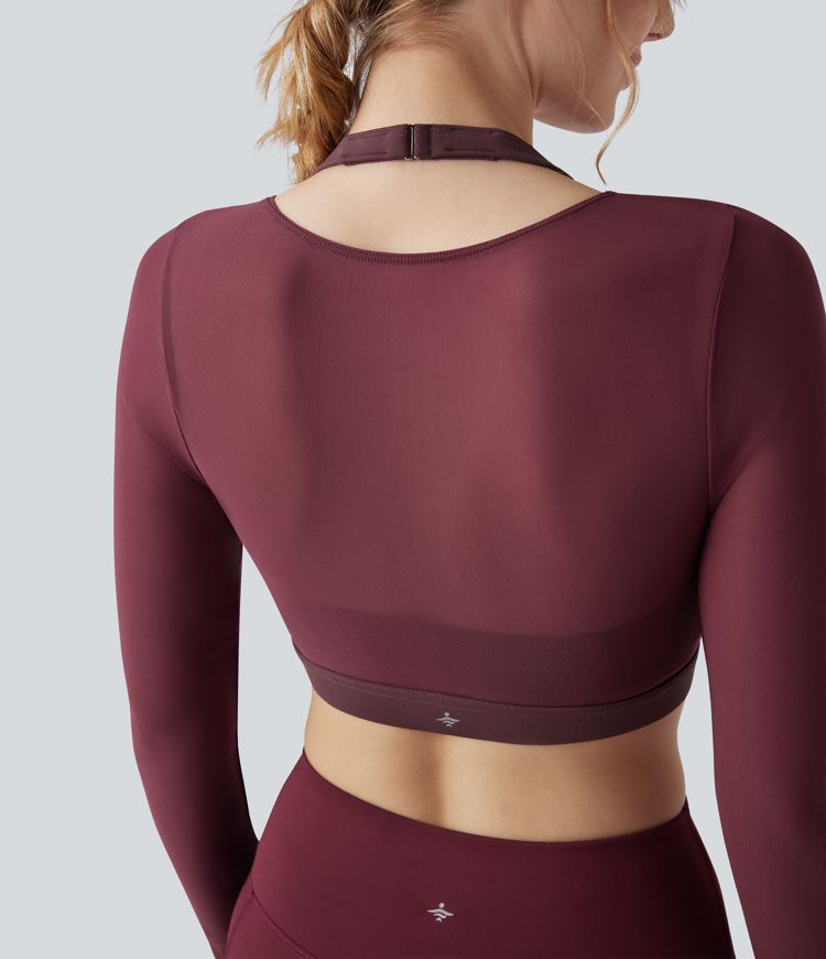 Halter Long Sleeve Thumb Hole Contrast Mesh Cropped Yoga Sports Top