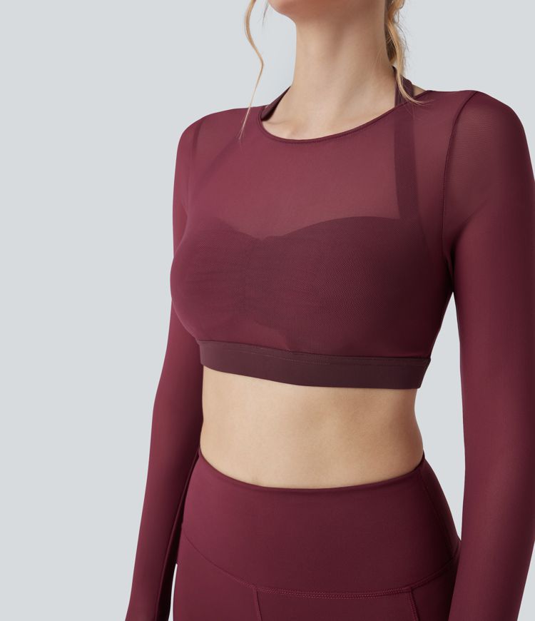 Halter Long Sleeve Thumb Hole Contrast Mesh Cropped Yoga Sports Top