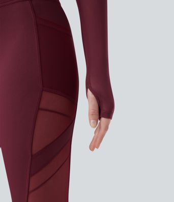 Halter Long Sleeve Thumb Hole Contrast Mesh Cropped Yoga Sports Top