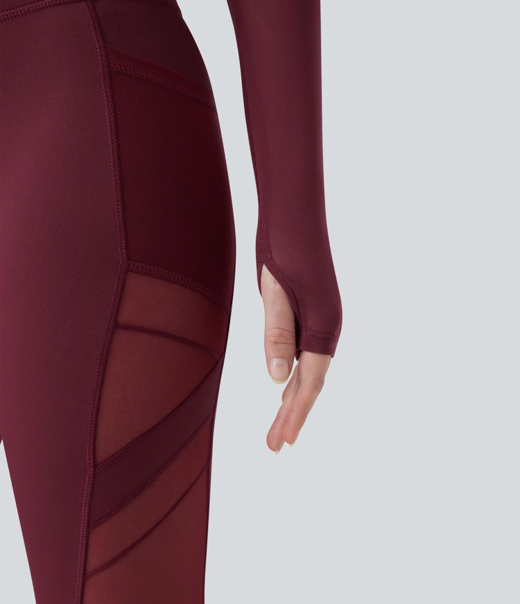 Halter Long Sleeve Thumb Hole Contrast Mesh Cropped Yoga Sports Top