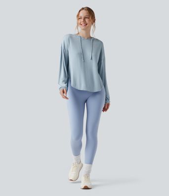 Hooded Drawstring Long Sleeve Cut Out Curved Hem Workout Sports Top