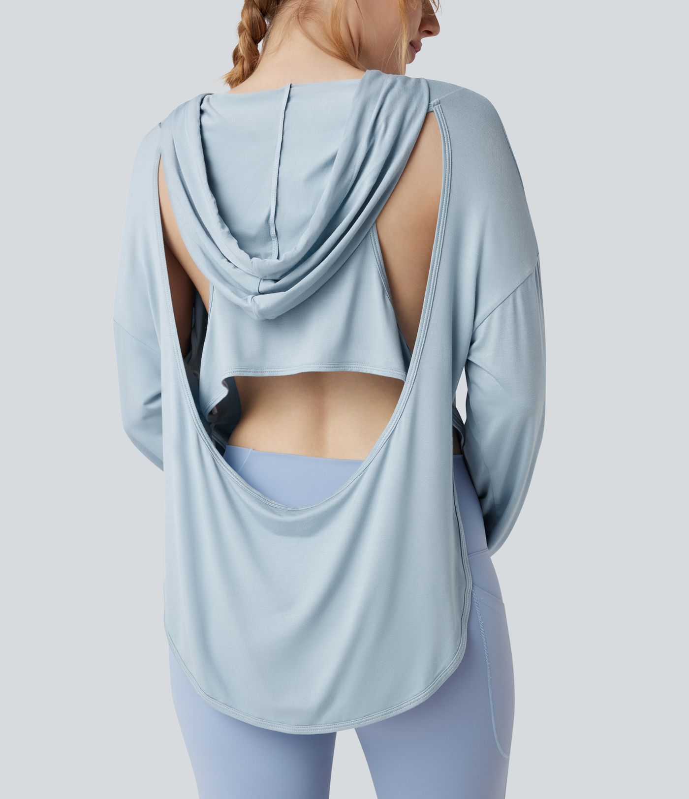 Hooded Drawstring Long Sleeve Cut Out Curved Hem Workout Sports Top