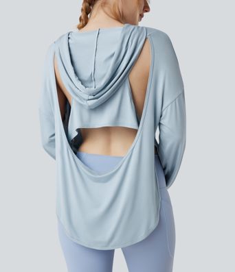Hooded Drawstring Long Sleeve Cut Out Curved Hem Workout Sports Top