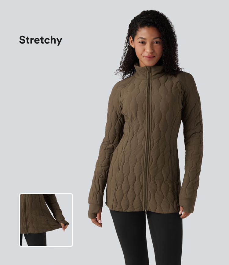 High Neck Long Sleeve Thumb Hole Zipper Workout Quilted Jacket with Pockets