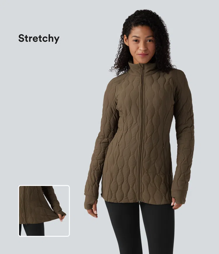 PuffFlex High Neck Long Sleeve Thumb Hole Zipper Workout Quilted Jacket with Pockets