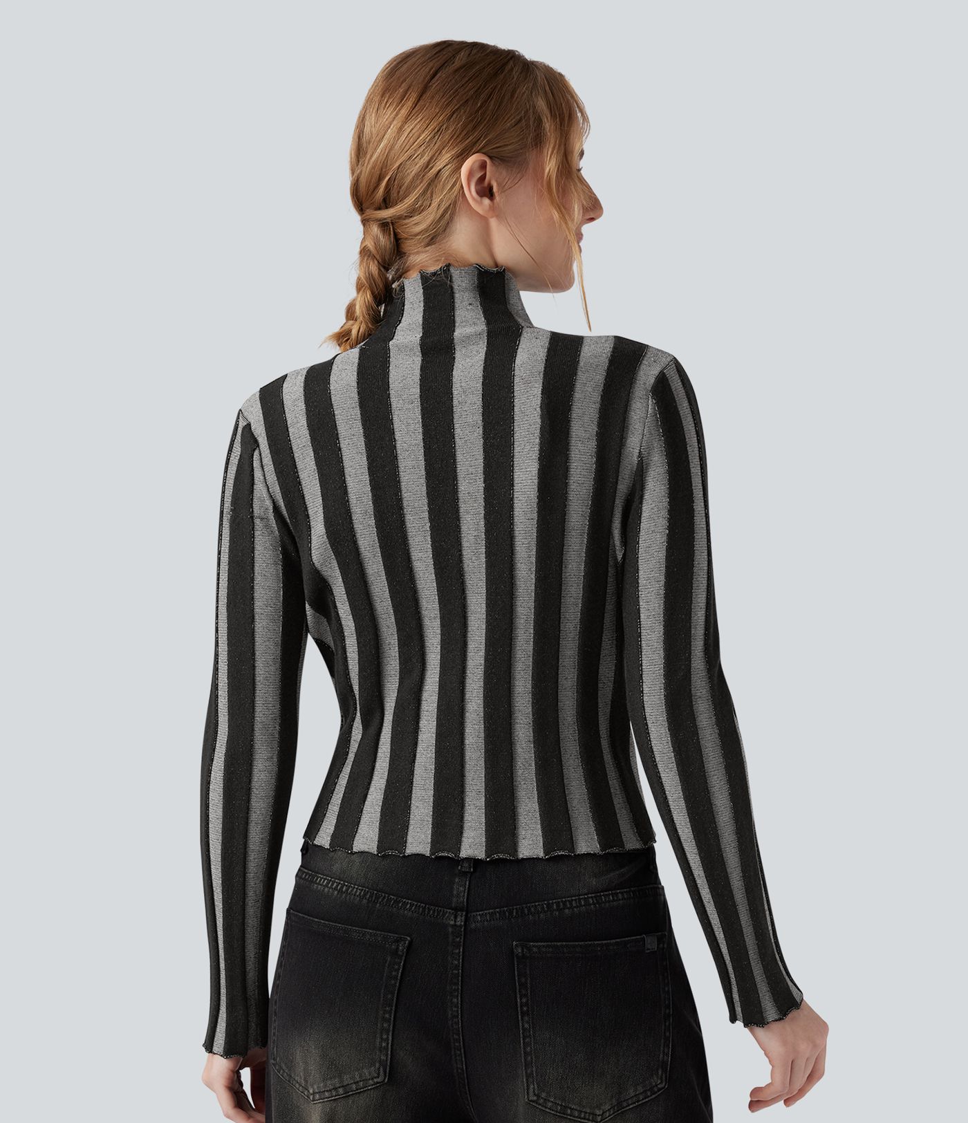 High-neck Long Sleeve Lettuce Trim Stripes Casual Jumper