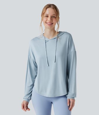 Hooded Drawstring Long Sleeve Cut Out Curved Hem Workout Sports Top