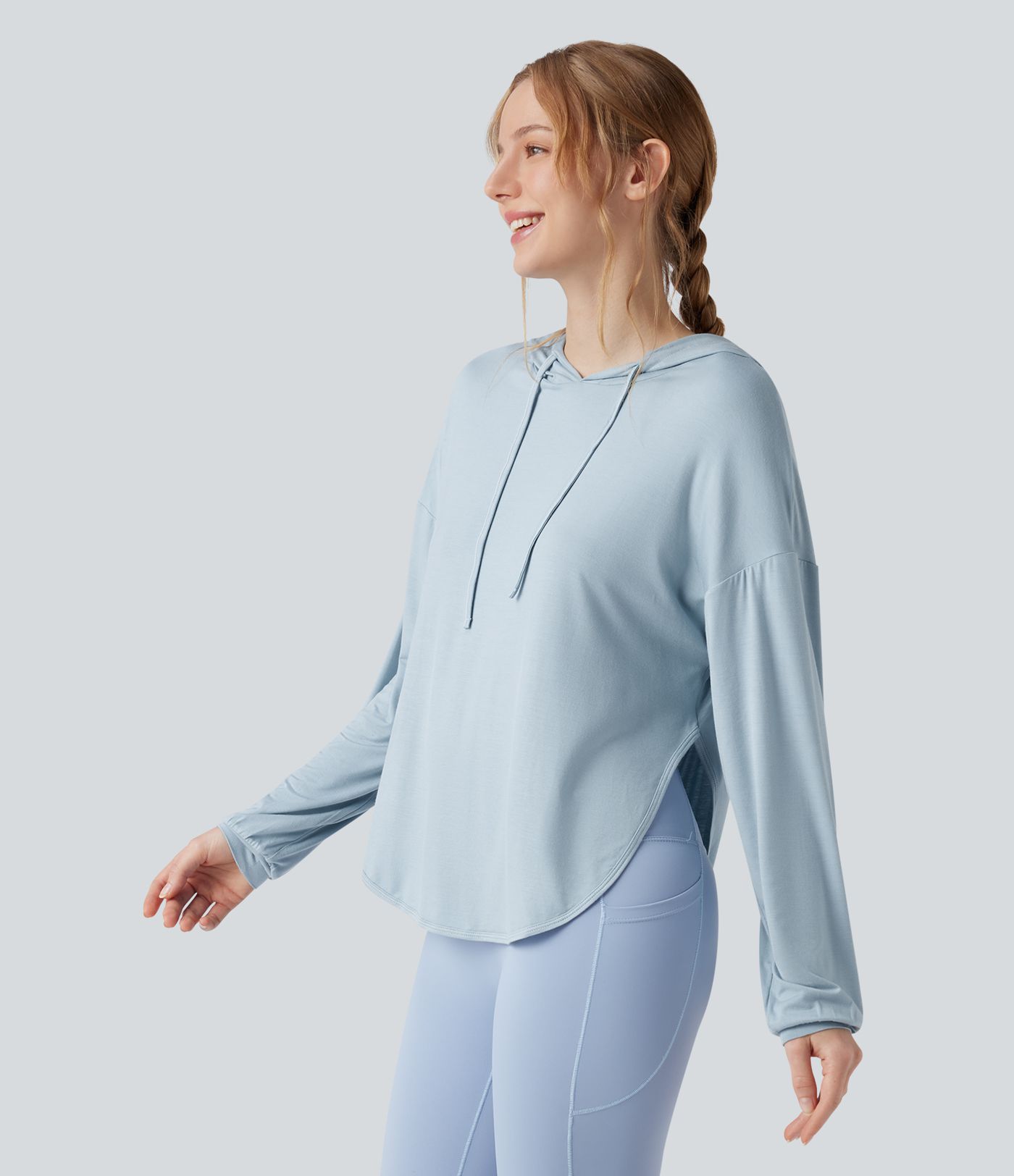 Hooded Drawstring Long Sleeve Cut Out Curved Hem Workout Sports Top