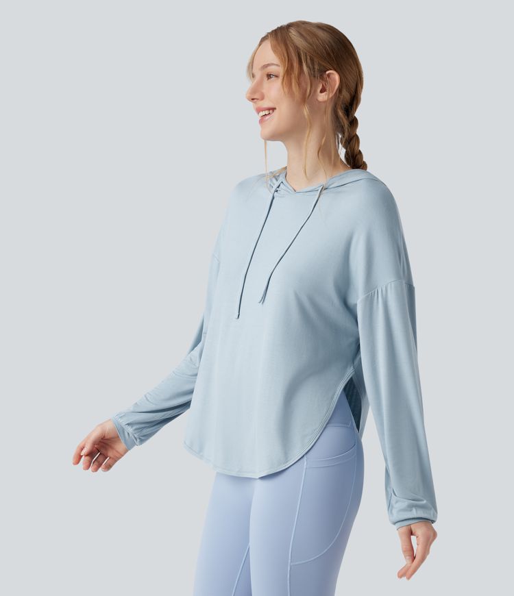 Hooded Drawstring Long Sleeve Cut Out Curved Hem Workout Sports Top
